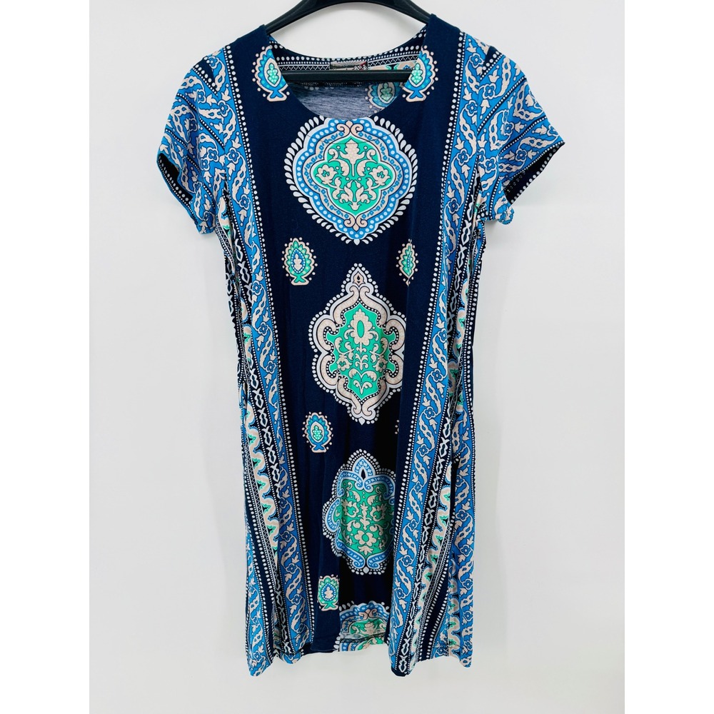 Wild Love Navy Blue Paisley Medallion Print Dress Womens Medium Cotton‎ Modal